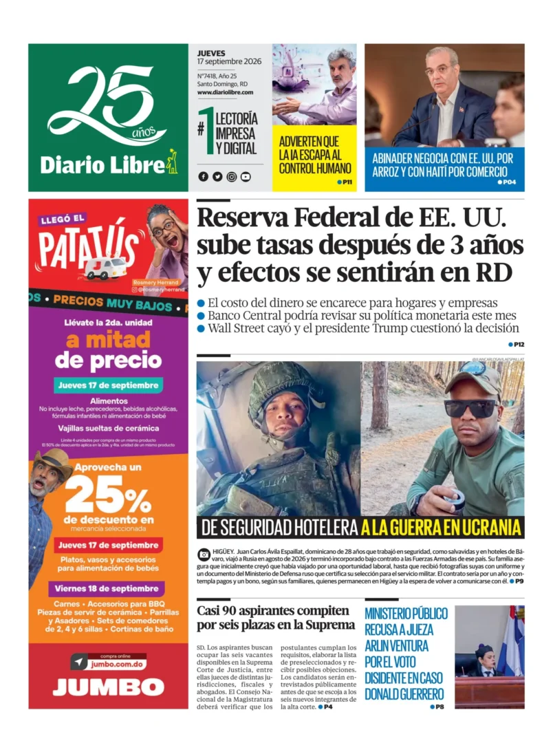 Portada Periódico Diario Libre, Jueves 17, Septiembre 2026