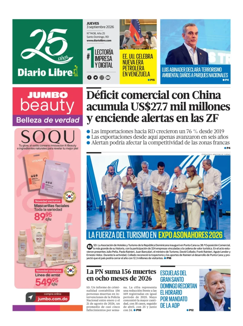 Portada Periódico Diario Libre, Jueves 3, Septiembre 2026