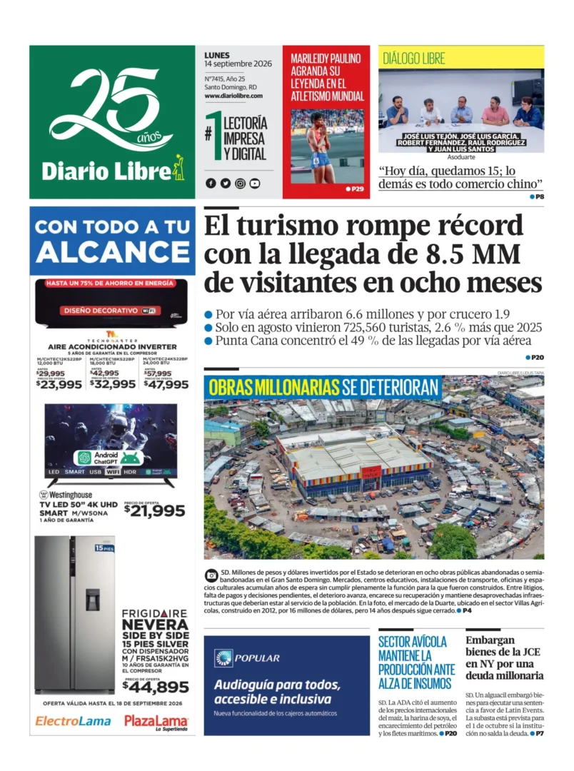 Portada Periódico Diario Libre, Lunes 14, Septiembre 2026