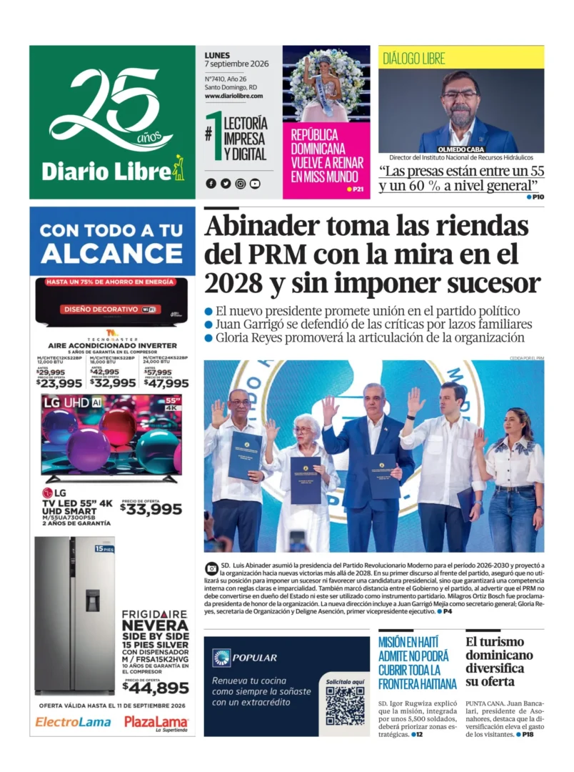 Portada Periódico Diario Libre, Lunes 7, Septiembre 2026