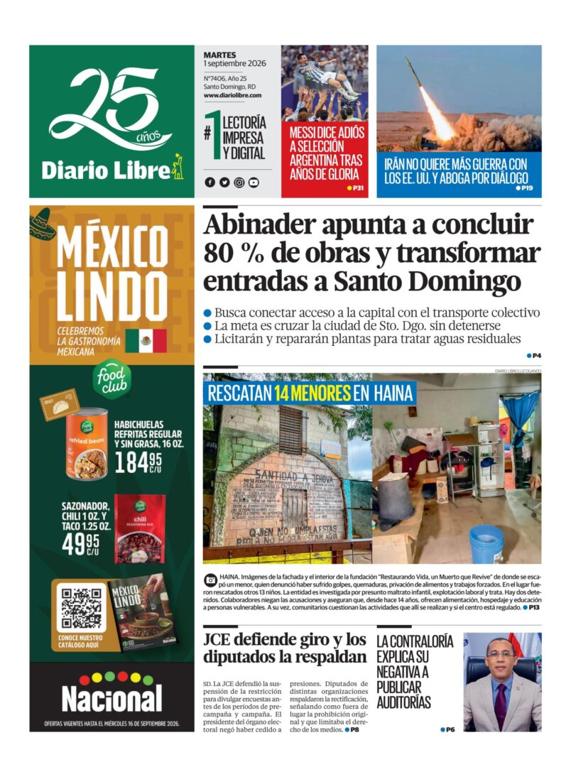 Portada Periódico Diario Libre, Martes 1, Septiembre 2026