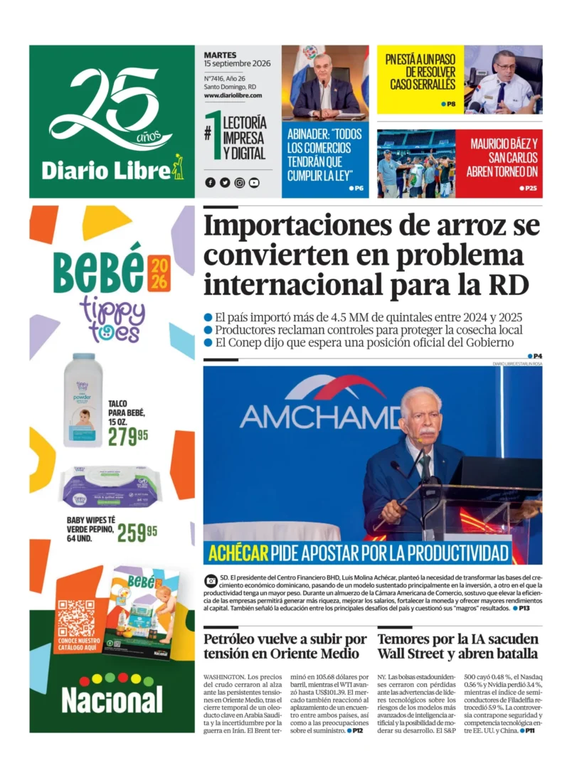 Portada Periódico Diario Libre, Martes 15, Septiembre 2026