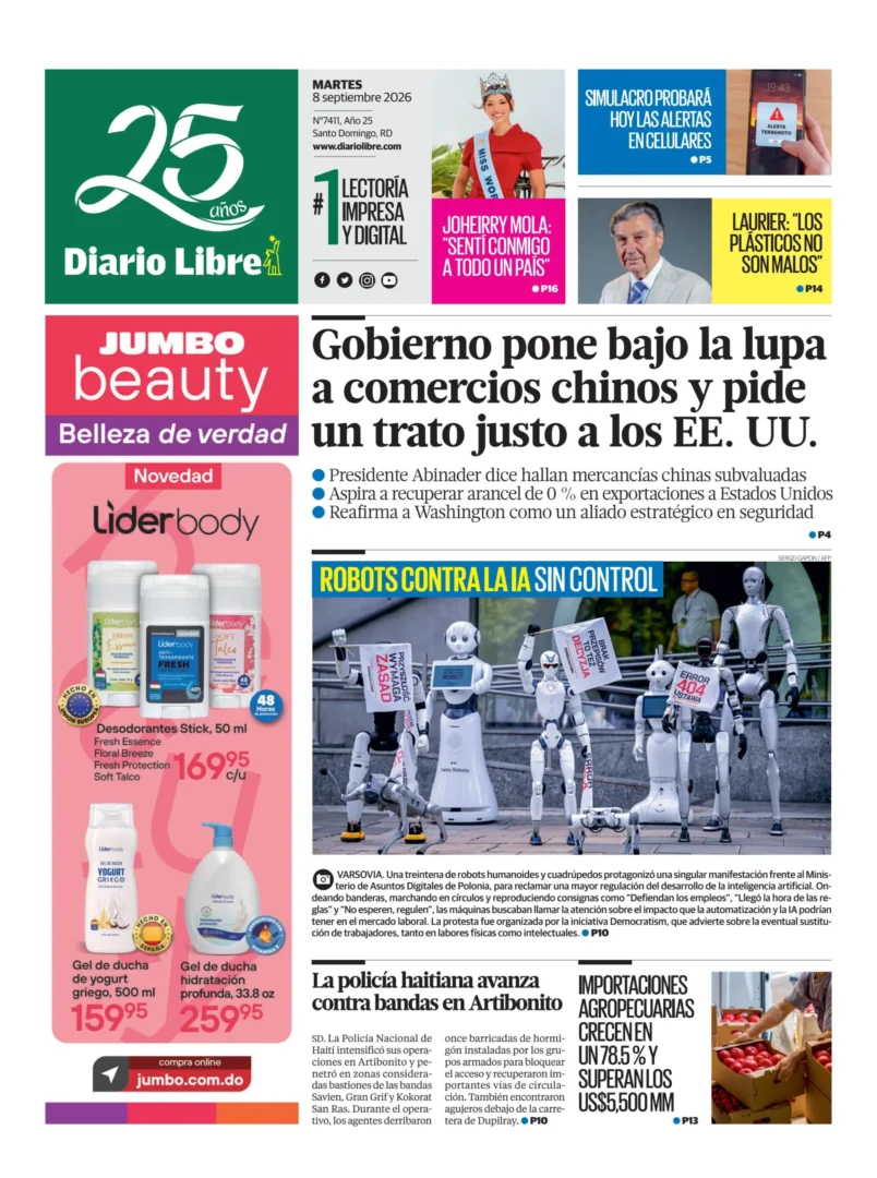 Portada Periódico Diario Libre, Martes 8, Septiembre 2026