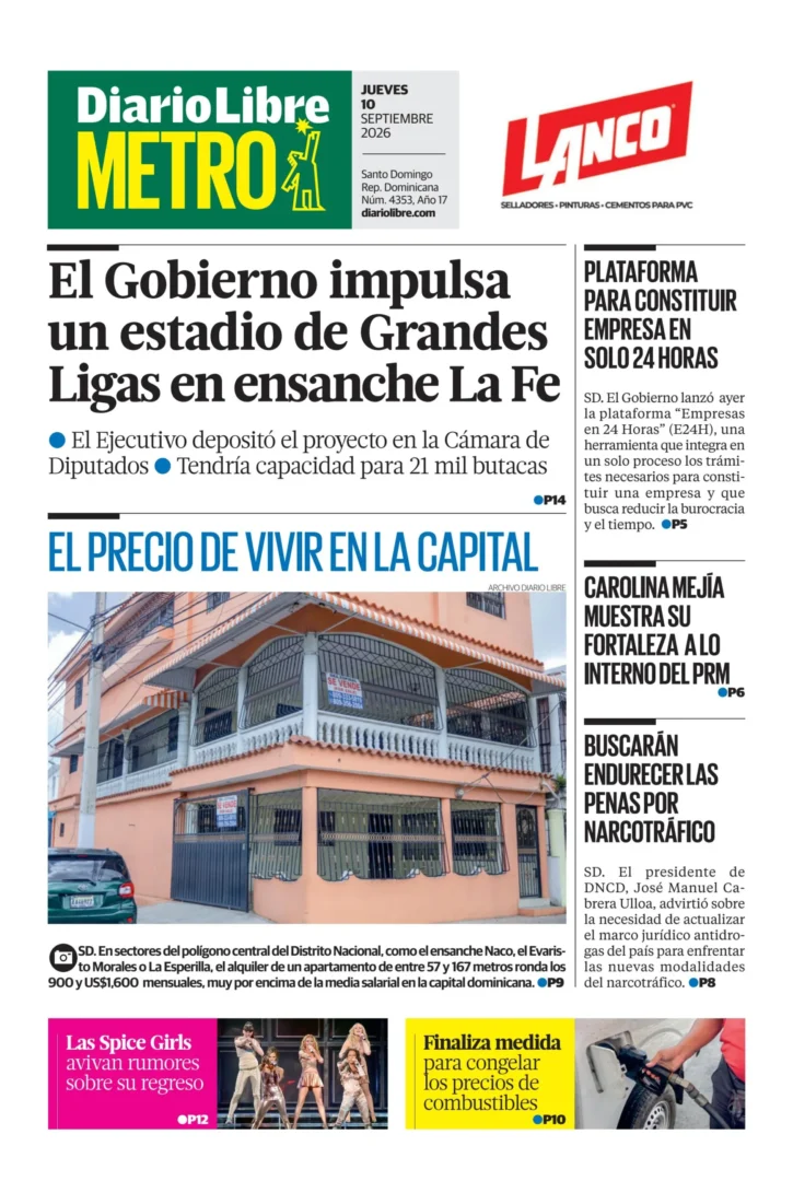 Portada Periódico Diario Libre Metro, Jueves 10, Septiembre 2026