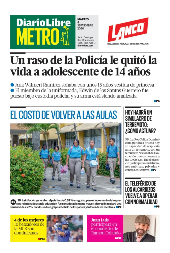 Portada Periódico Diario Libre Metro, Martes 8, Septiembre 2026