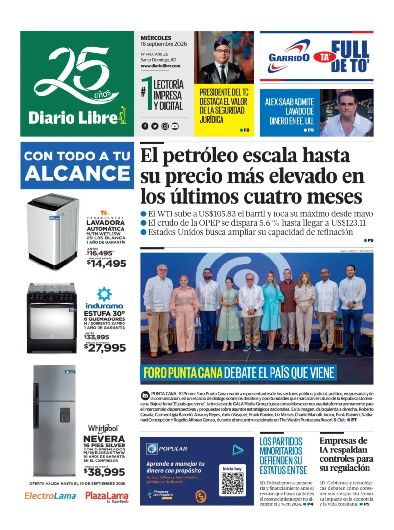 Portada Periódico Diario Libre, Miércoles 16, Septiembre 2026