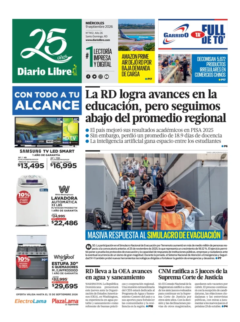 Portada Periódico Diario Libre, Miércoles 9, Septiembre 2026