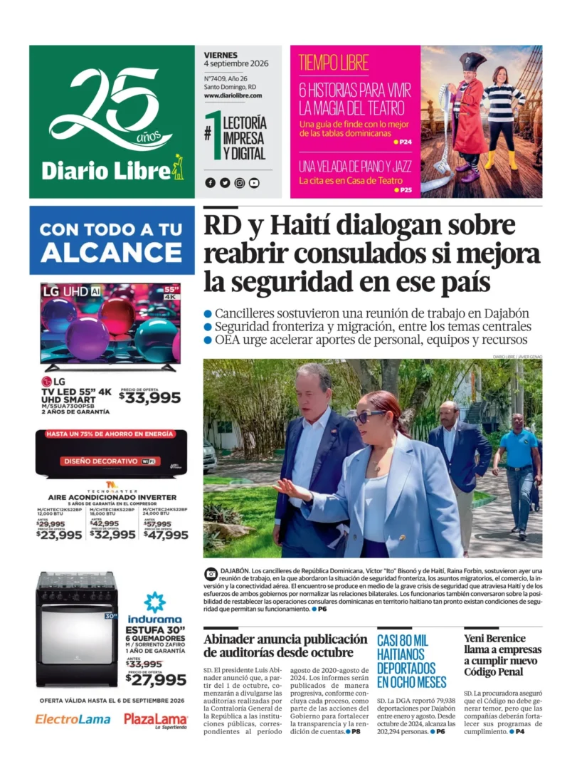 Portada Periódico Diario Libre, Sábado 5, Septiembre 2026