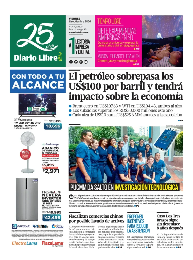 Portada Periódico Diario Libre, Viernes 11, Septiembre 2026