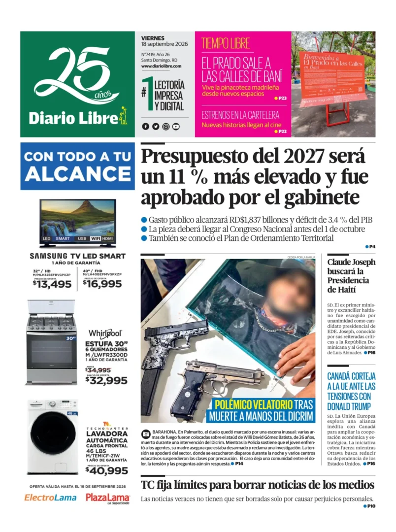 Portada Periódico Diario Libre, Viernes 18, Septiembre 2026