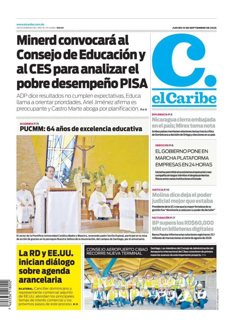 Portada Periódico El Caribe, Jueves 10, Septiembre 2026