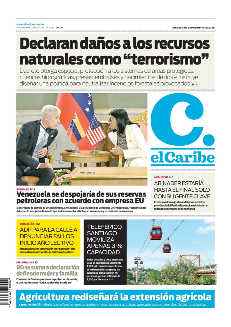Portada Periódico El Caribe, Jueves 3, Septiembre 2026