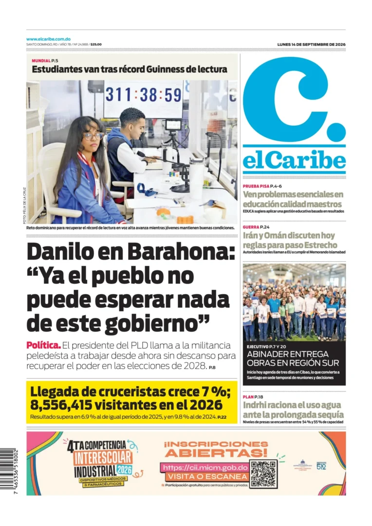 Portada Periódico El Caribe, Lunes 14, Septiembre 2026