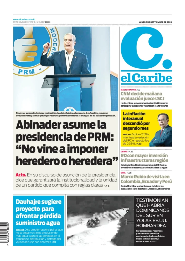 Portada Periódico El Caribe, Lunes 7, Septiembre 2026