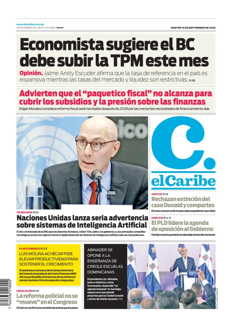 Portada Periódico El Caribe, Martes 15, Septiembre 2026
