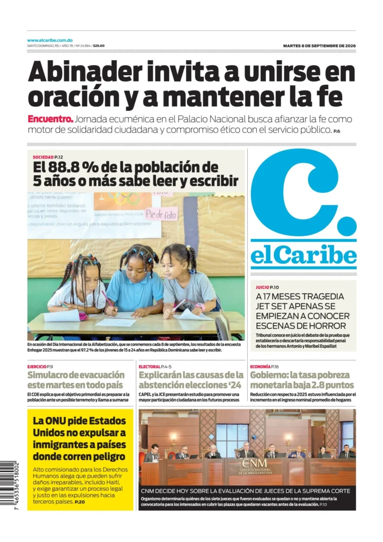 Portada Periódico El Caribe, Martes 8, Septiembre 2026