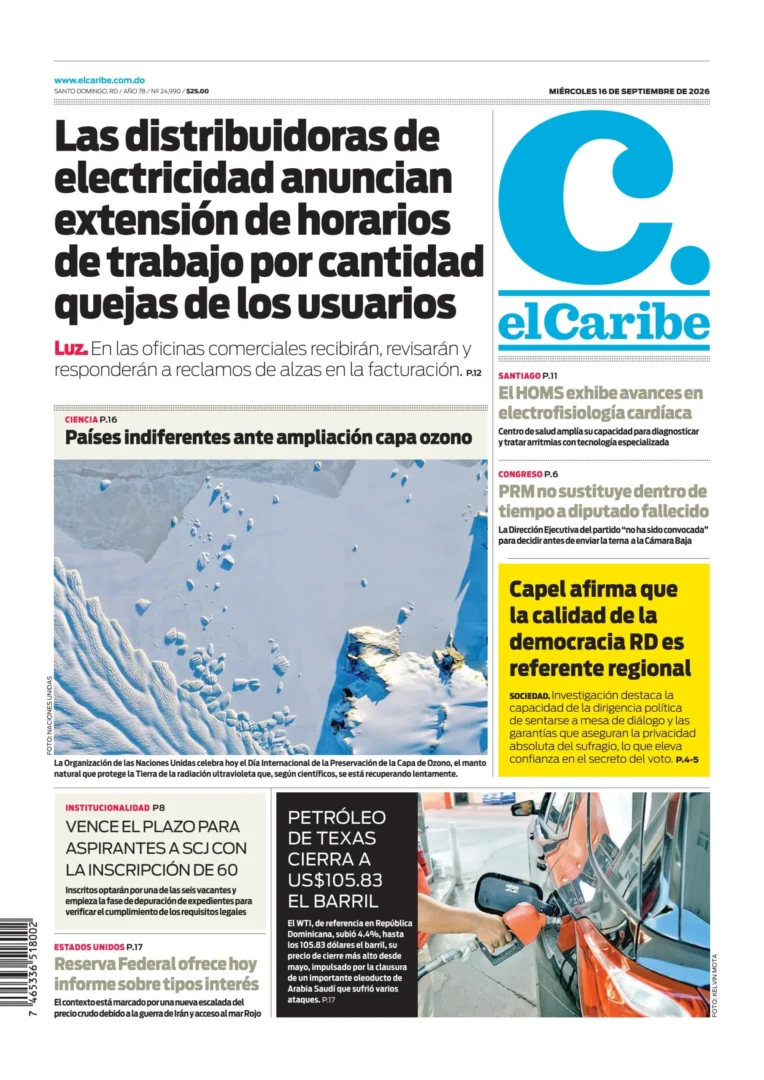 Portada Periódico El Caribe, Miércoles 16, Septiembre 2026