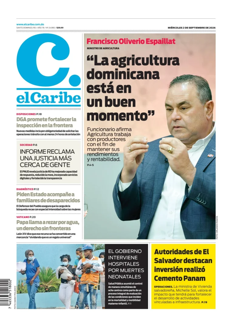 Portada Periódico El Caribe, Miércoles 2, Septiembre 2026