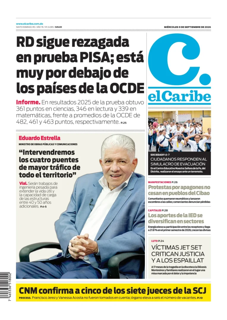 Portada Periódico El Caribe, Miércoles 9, Septiembre 2026