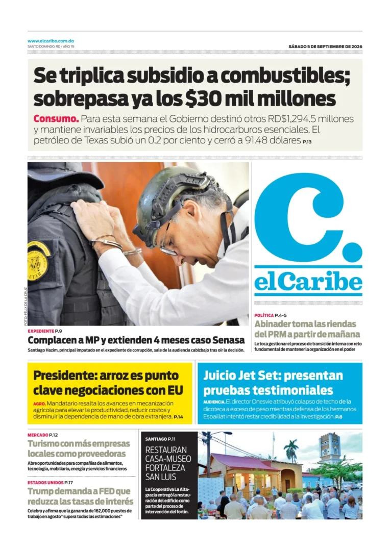Portada Periódico El Caribe, Sábado 5, Septiembre 2026