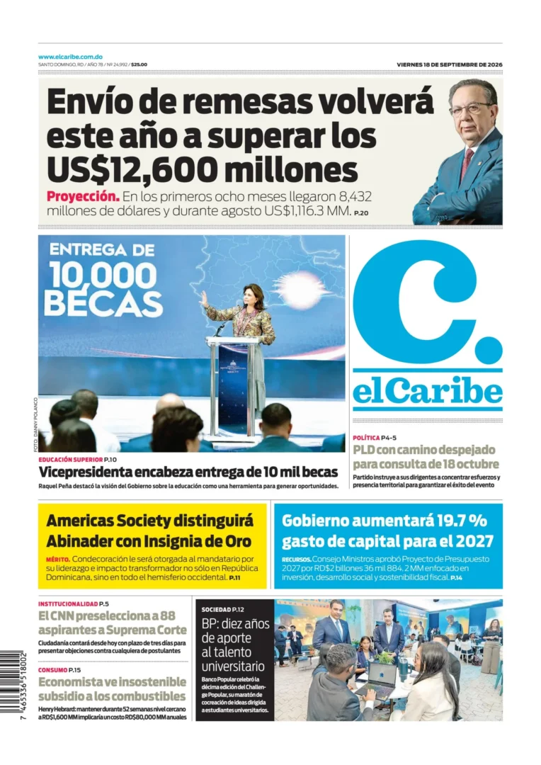 Portada Periódico El Caribe, Viernes 18, Septiembre 2026