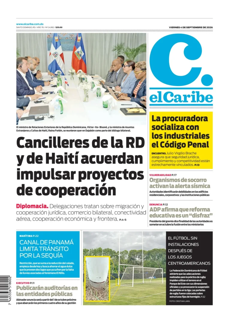 Portada Periódico El Caribe, Viernes 4, Septiembre 2026