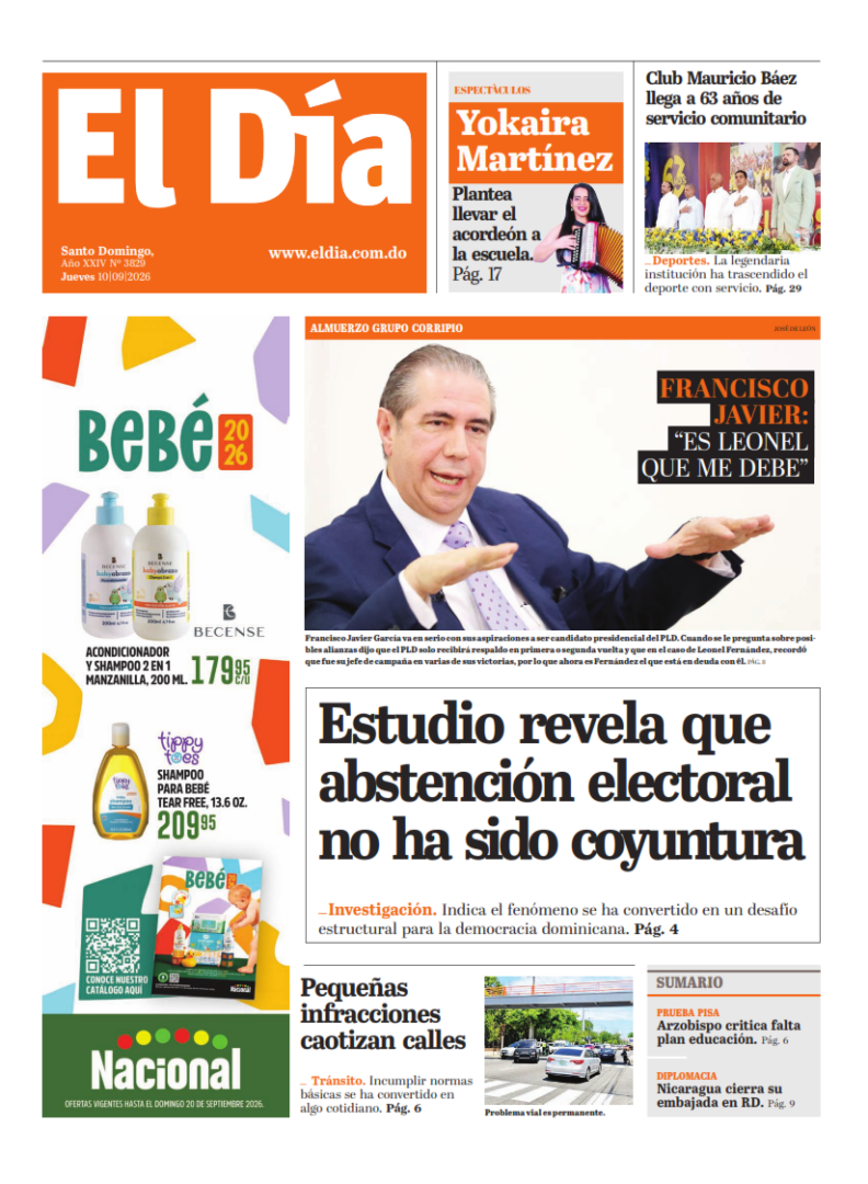 Portada Periódico El Día, Jueves 10, Septiembre 2026