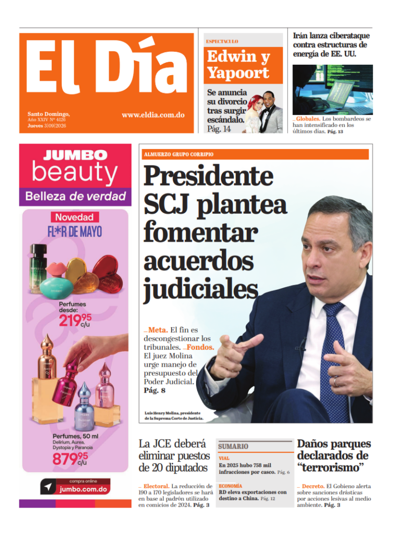 Portada Periódico El Día, Jueves 3, Septiembre 2026