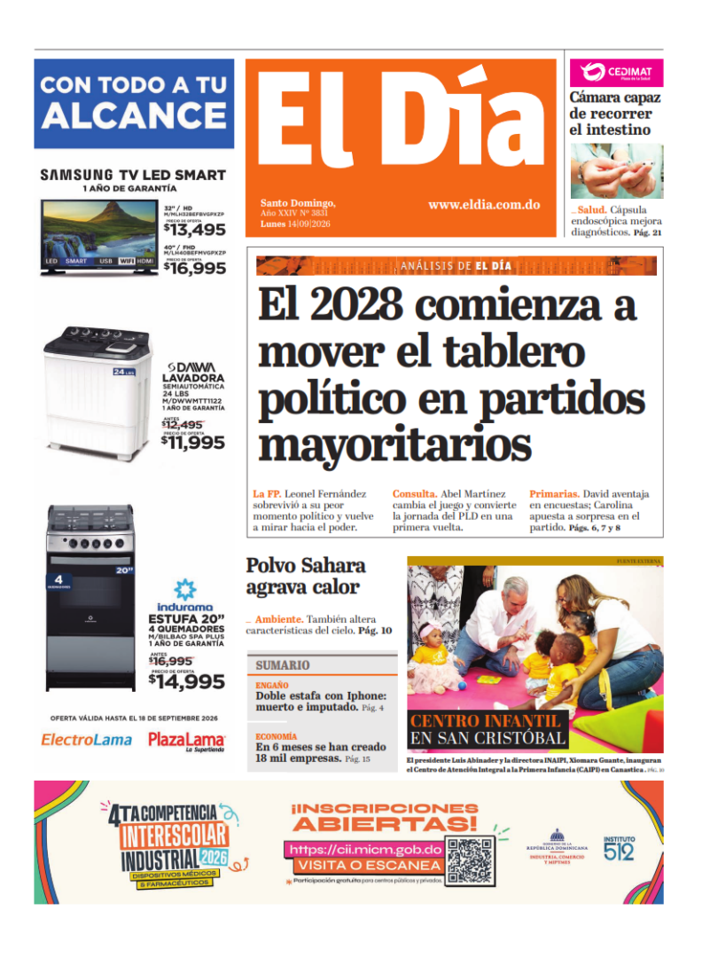 Portada Periódico El Día, Lunes 14, Septiembre 2026