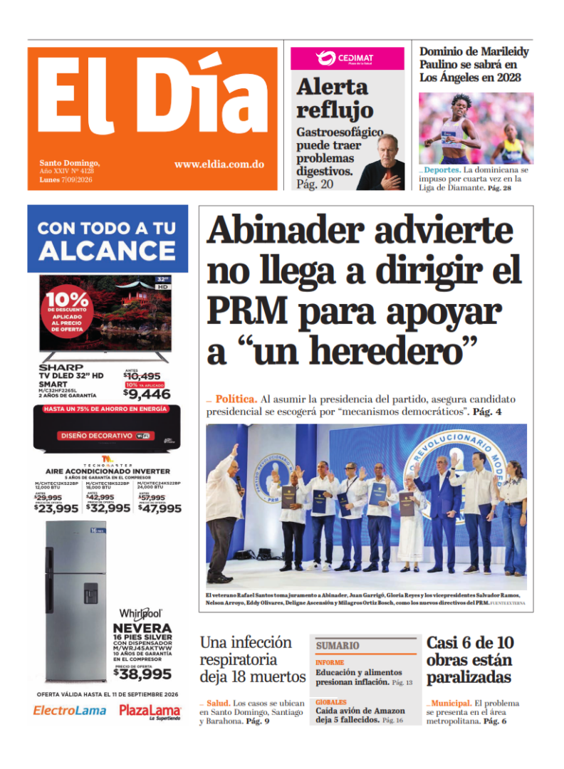 Portada Periódico El Día, Lunes 7, Septiembre 2026