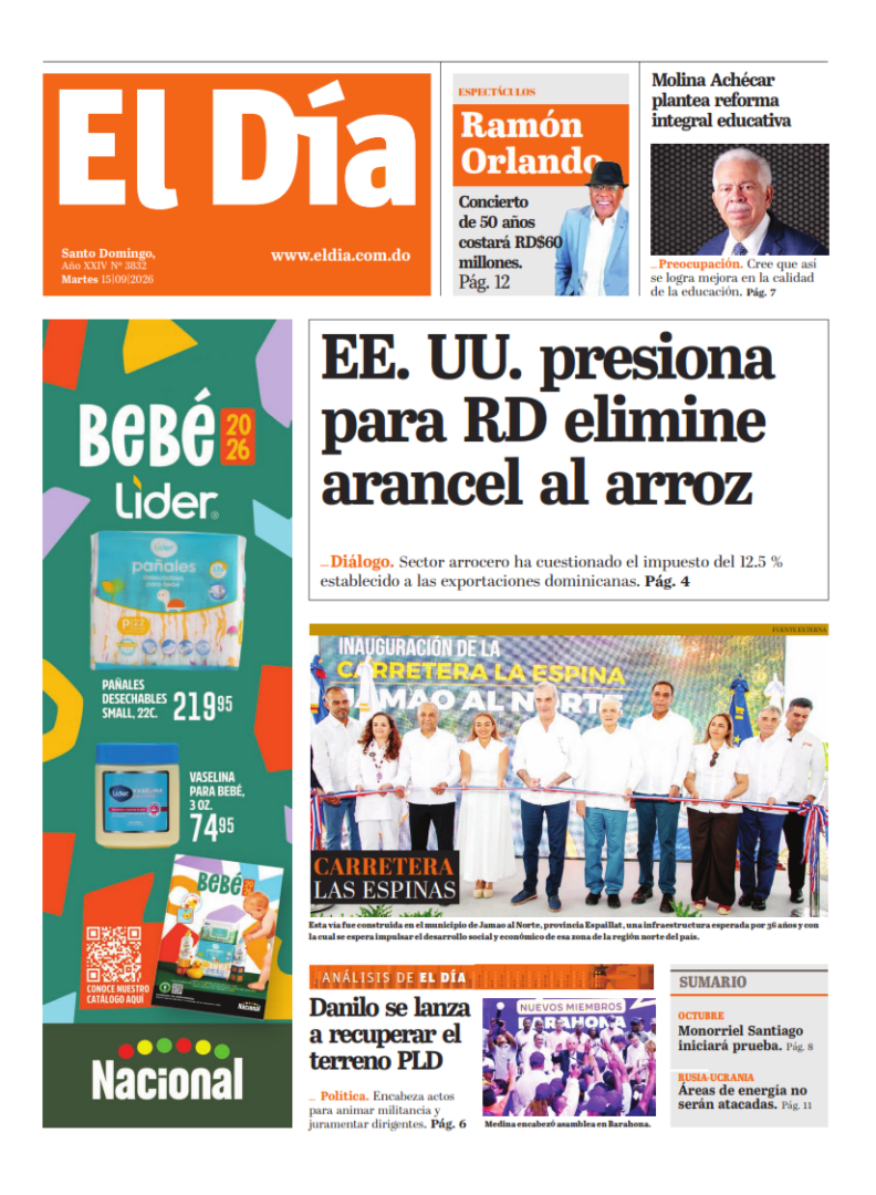Portada Periódico El Día, Martes 15, Septiembre 2026