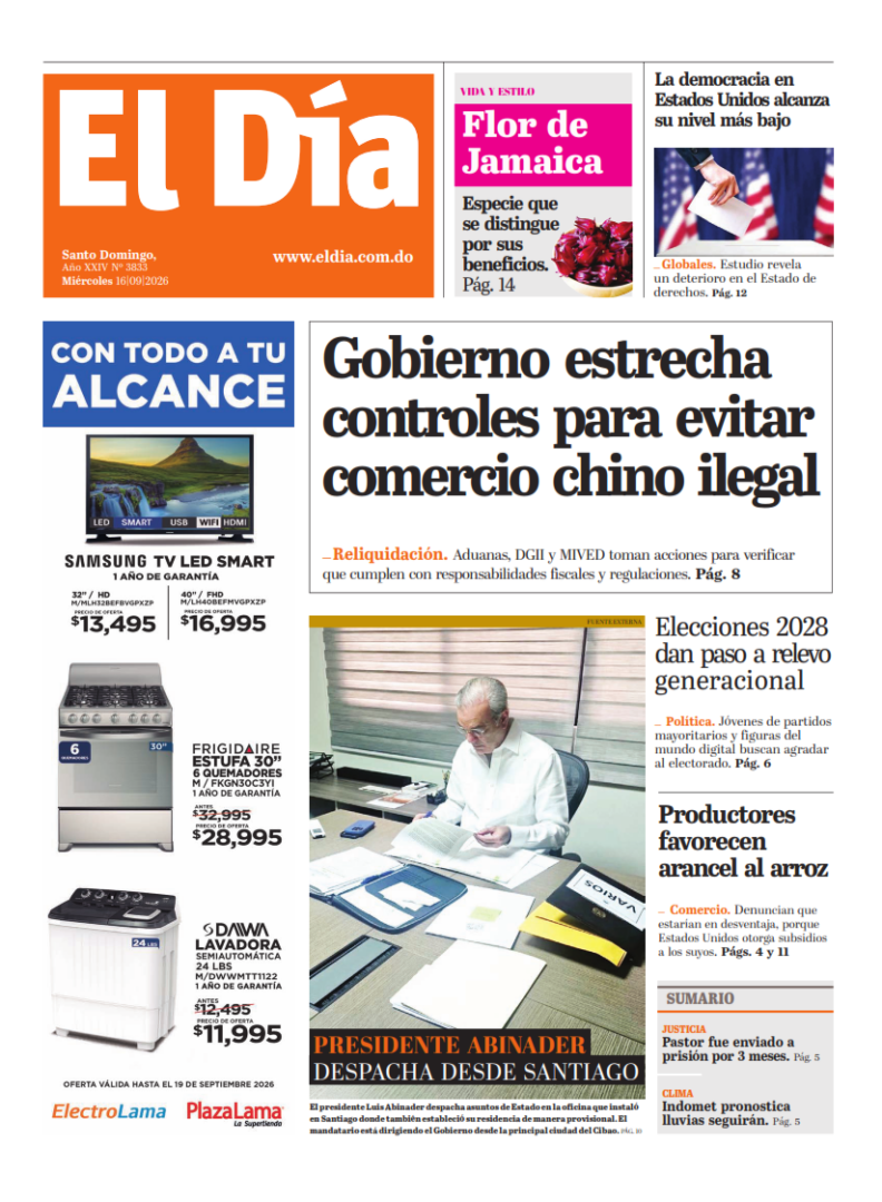 Portada Periódico El Día, Miércoles 16, Septiembre 2026
