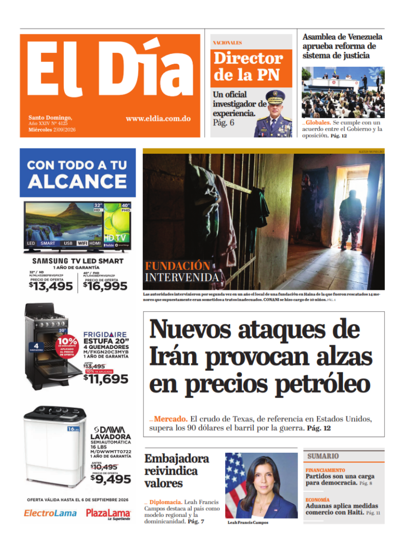 Portada Periódico El Día, Miércoles 2, Septiembre 2026