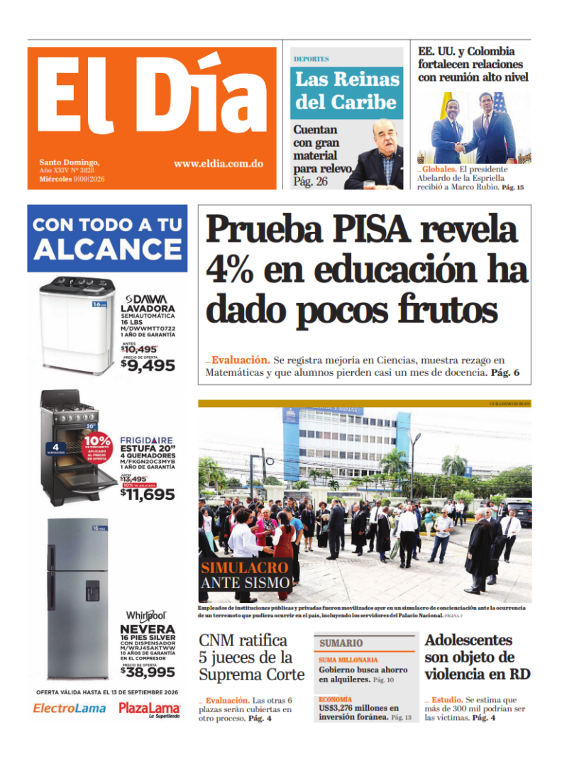 Portada Periódico El Día, Miércoles 9, Septiembre 2026