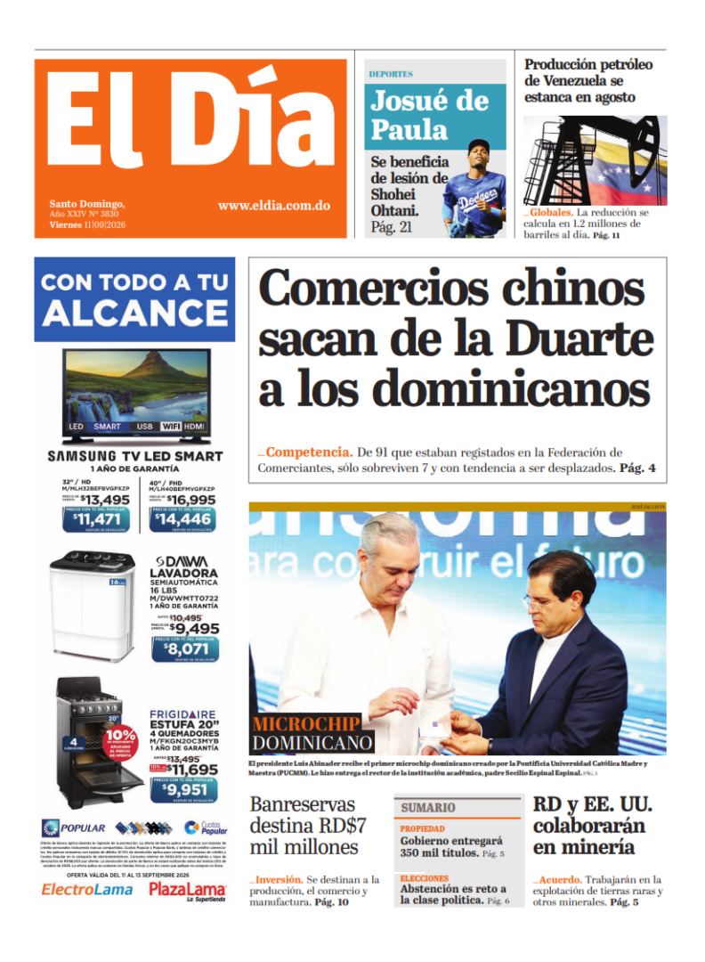 Portada Periódico El Día, Viernes 11, Septiembre 2026