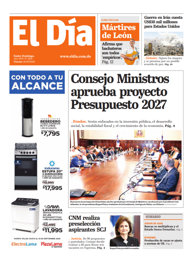 Portada Periódico El Día, Viernes 18, Septiembre 2026