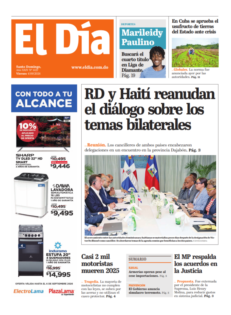 Portada Periódico El Día, Viernes 4, Septiembre 2026