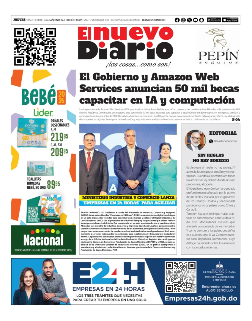 Portada Periódico El Nuevo Diario, Jueves 10, Septiembre 2026