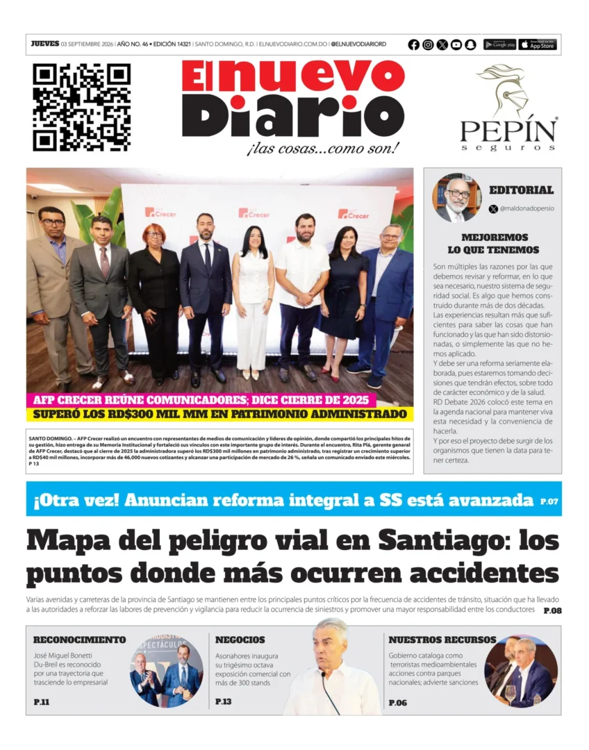 Portada Periódico El Nuevo Diario, Jueves 3, Septiembre 2026
