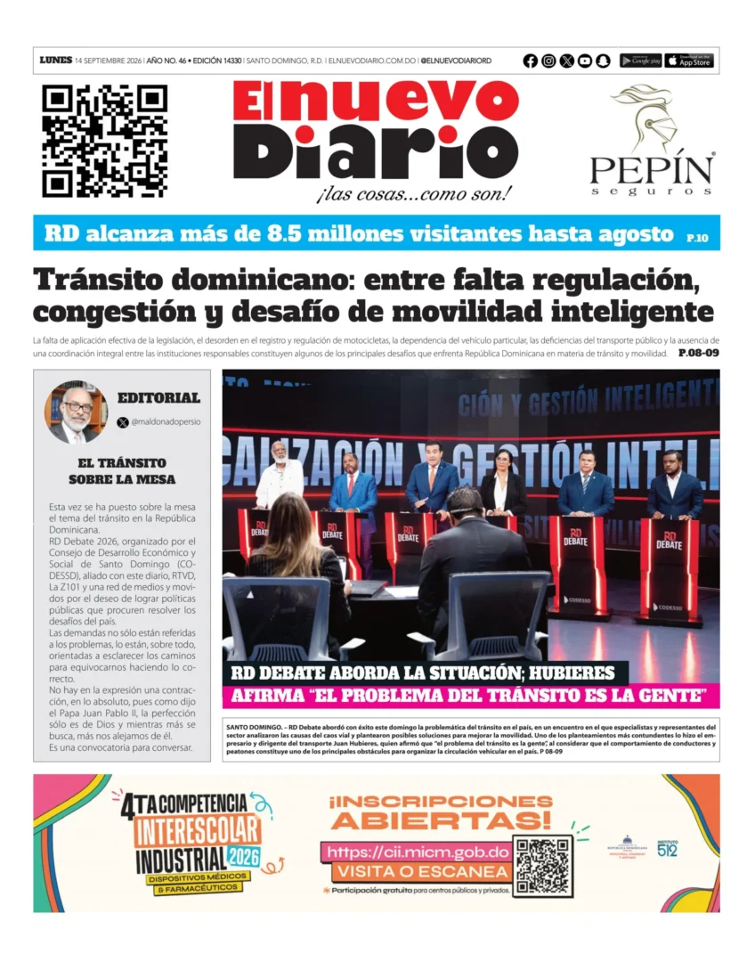Portada Periódico El Nuevo Diario, Lunes 14, Septiembre 2026