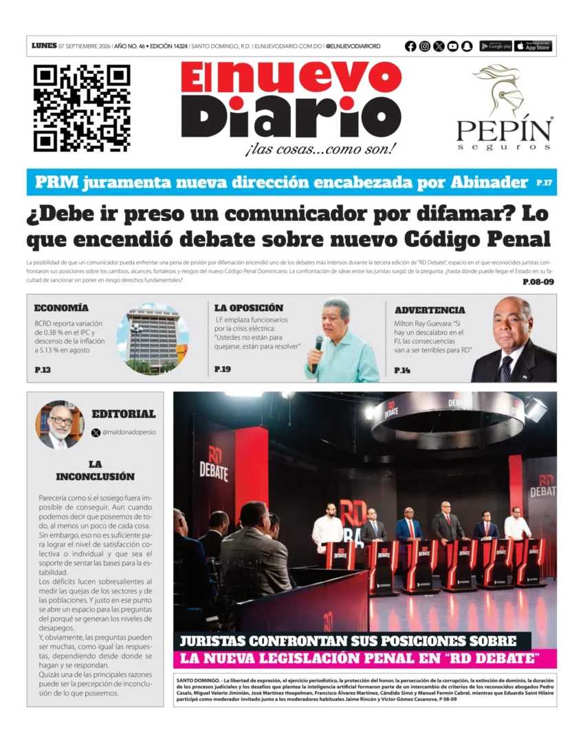 Portada Periódico El Nuevo Diario, Lunes 7, Septiembre 2026