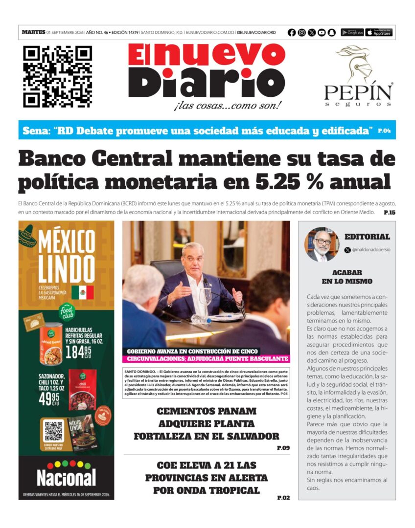 Portada Periódico El Nuevo Diario, Martes 1, Septiembre 2026