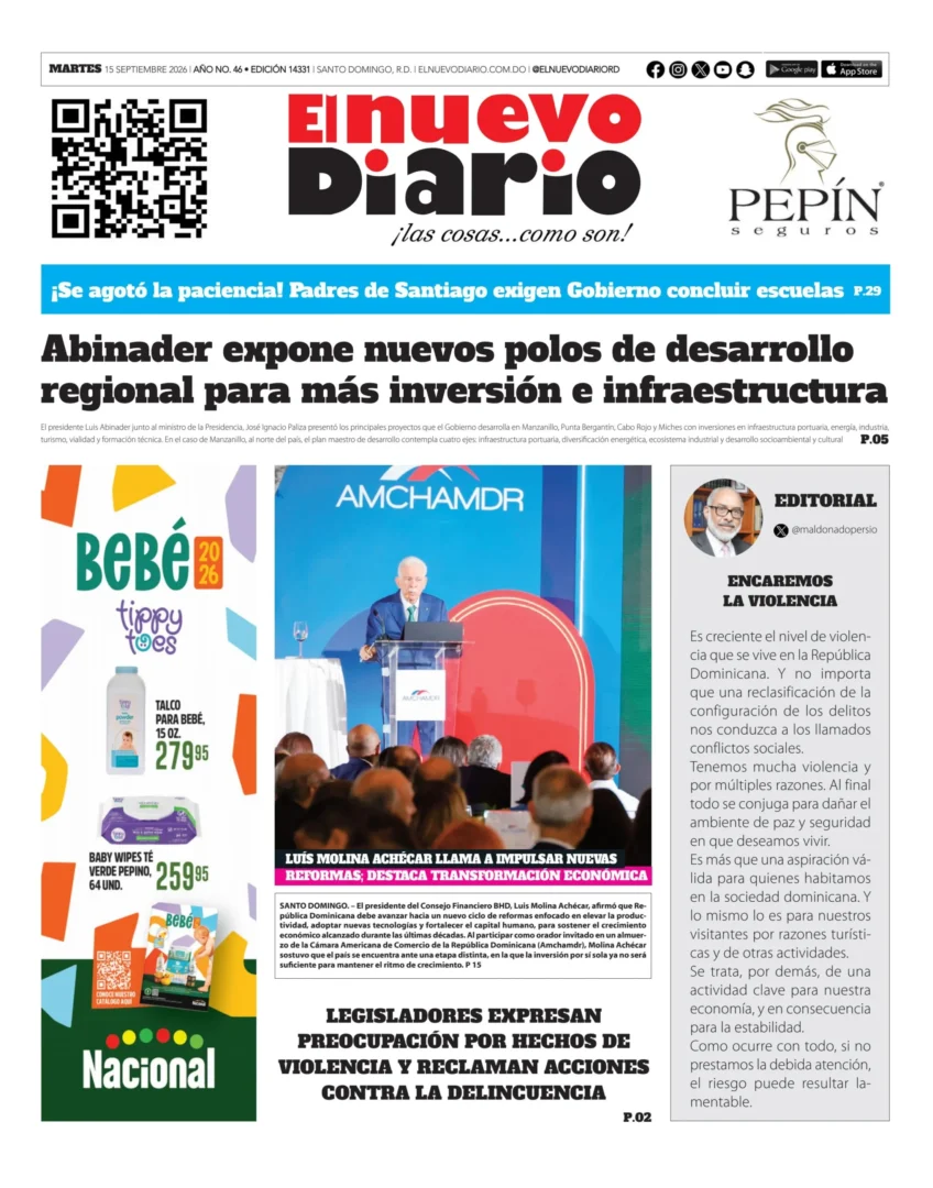 Portada Periódico El Nuevo Diario, Martes 15, Septiembre 2026
