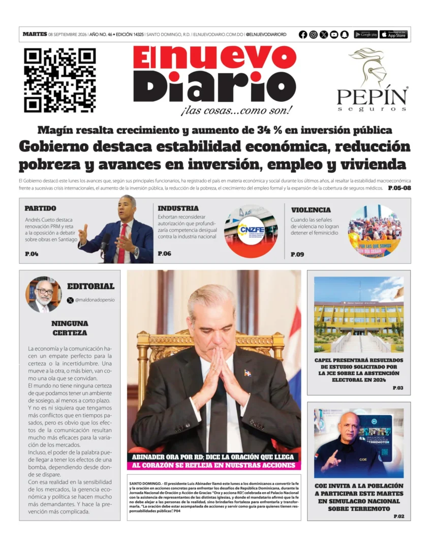 Portada Periódico El Nuevo Diario, Martes 8, Septiembre 2026
