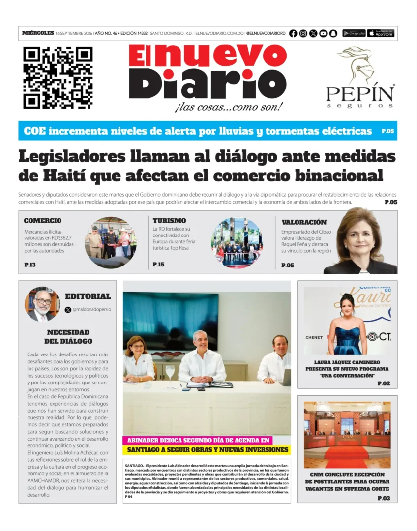 Portada Periódico El Nuevo Diario, Miércoles 16, Septiembre 2026