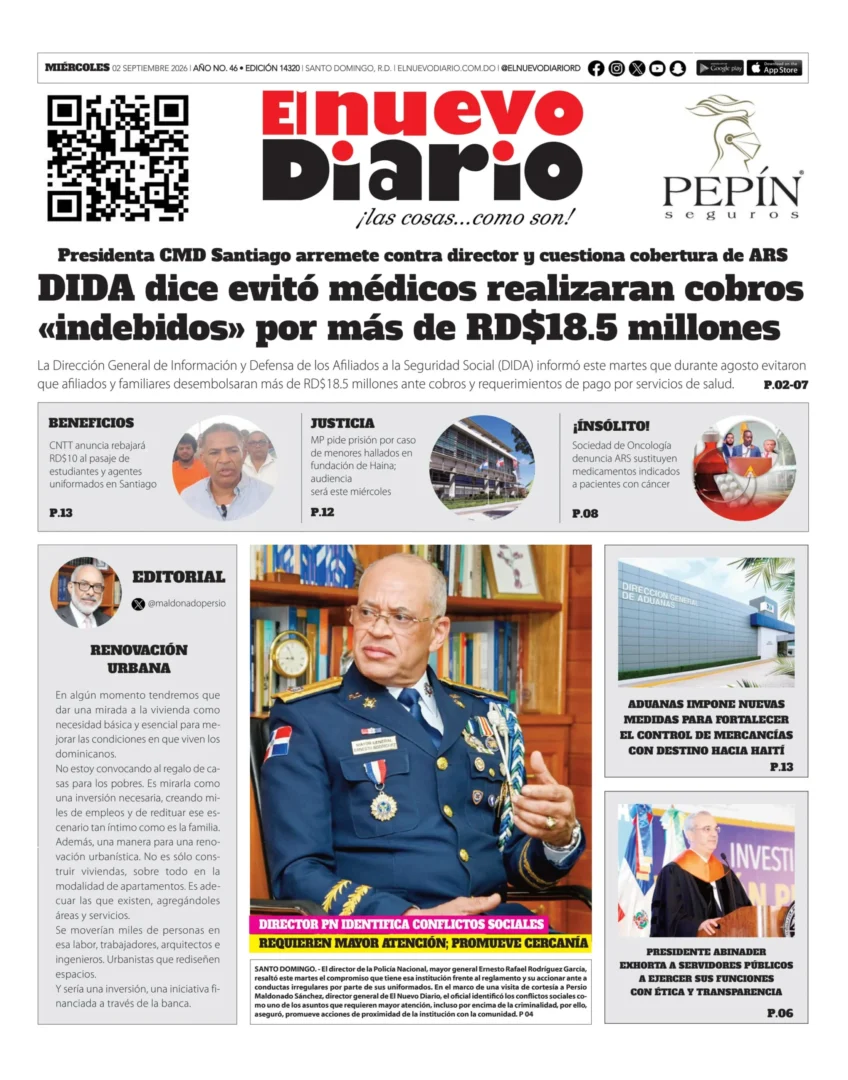 Portada Periódico El Nuevo Diario, Miércoles 2, Septiembre 2026