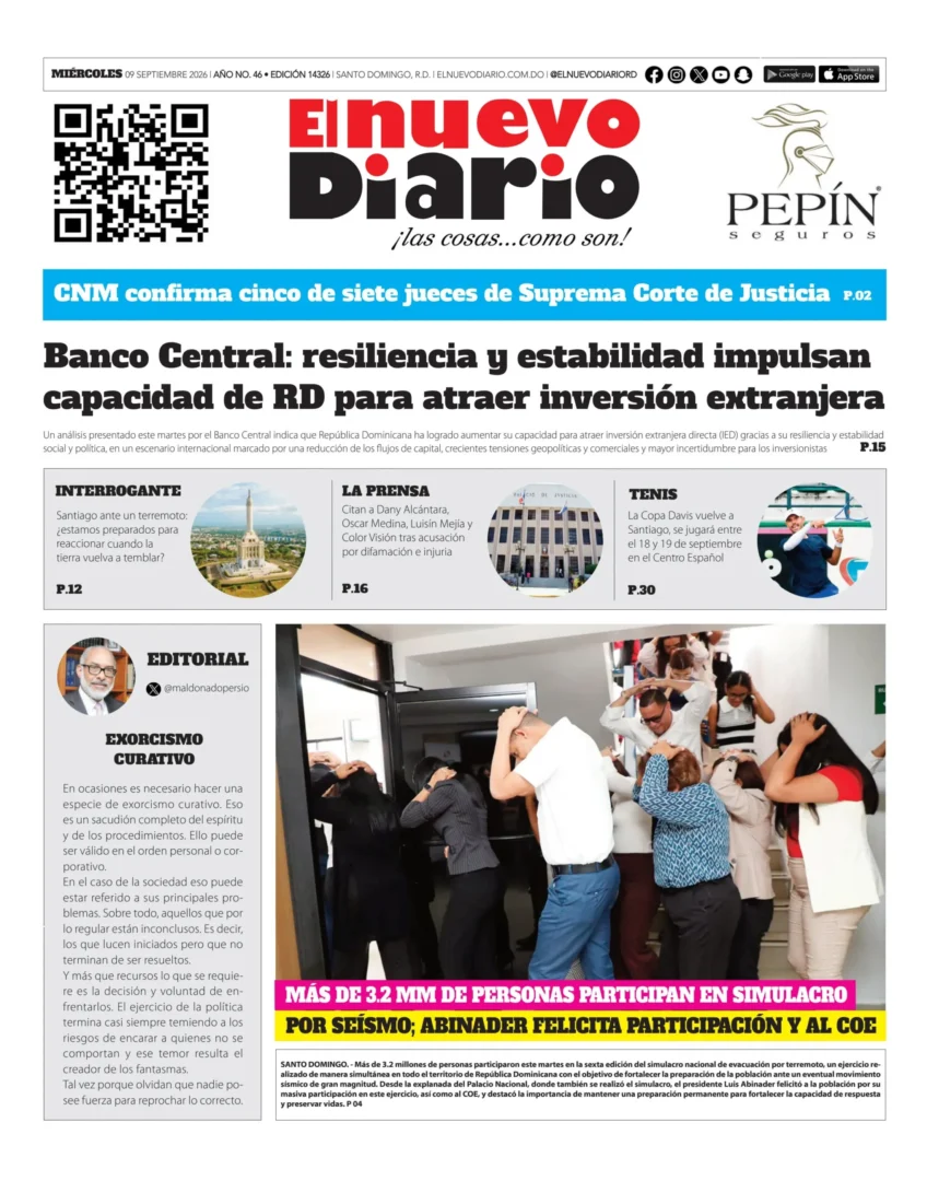 Portada Periódico El Nuevo Diario, Miércoles 9, Septiembre 2026