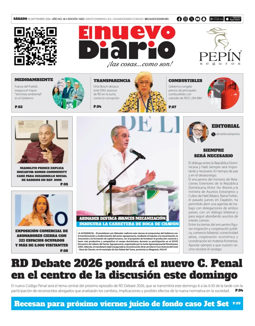 Portada Periódico El Nuevo Diario, Sábado 5, Septiembre 2026