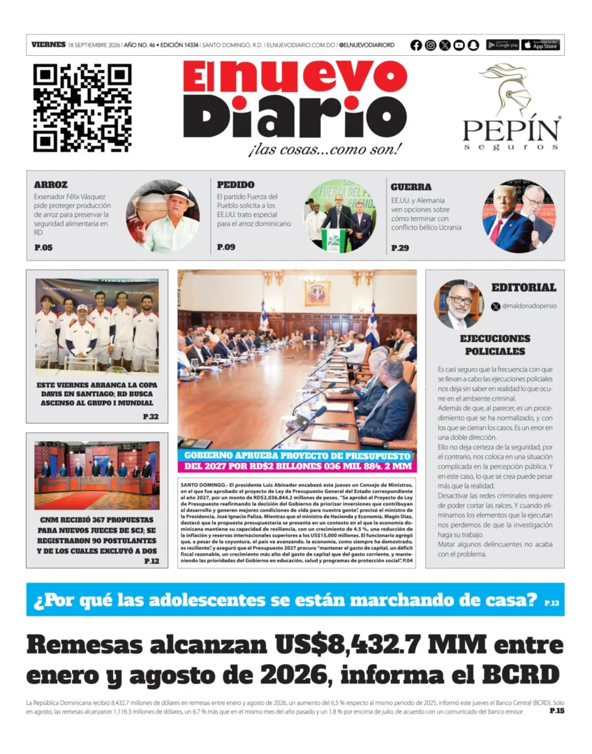 Portada Periódico El Nuevo Diario, Viernes 18, Septiembre 2026