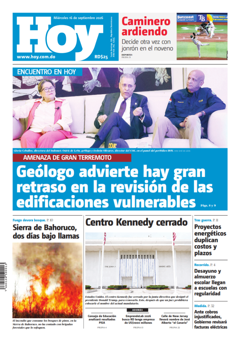 Portada Periódico Hoy, Miércoles 16, Septiembre 2026